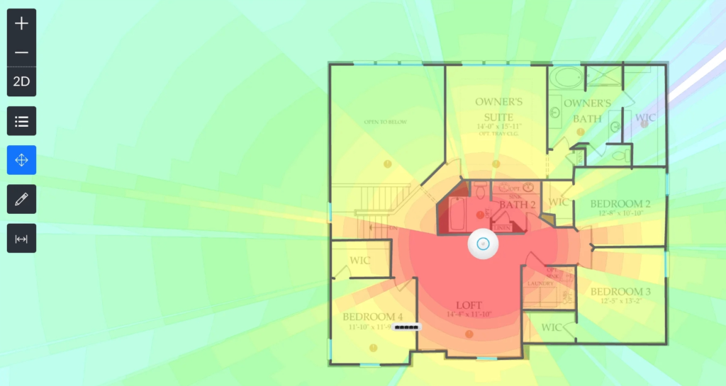 Wi-Fi heat map showing signal coverage across a floor plan