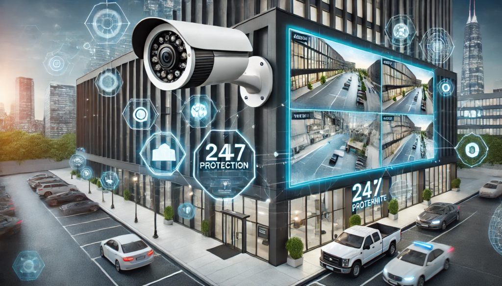 Outdoor security cameras covering a building
