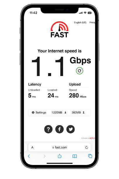 Phone speed test showing fast Wi-Fi speeds